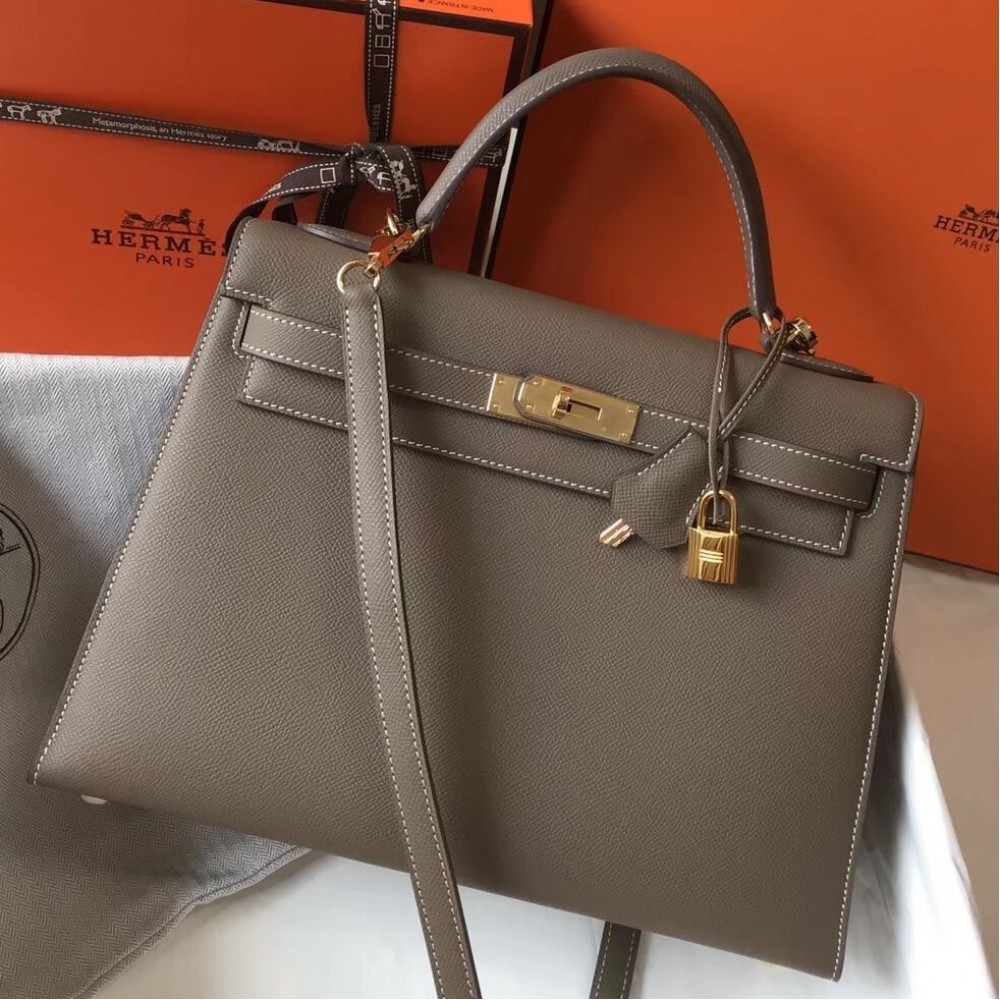 High Quality Replica Hermes Kelly 32cm Bag In Tuape Grey Epsom Leather GHW $ 409 USD