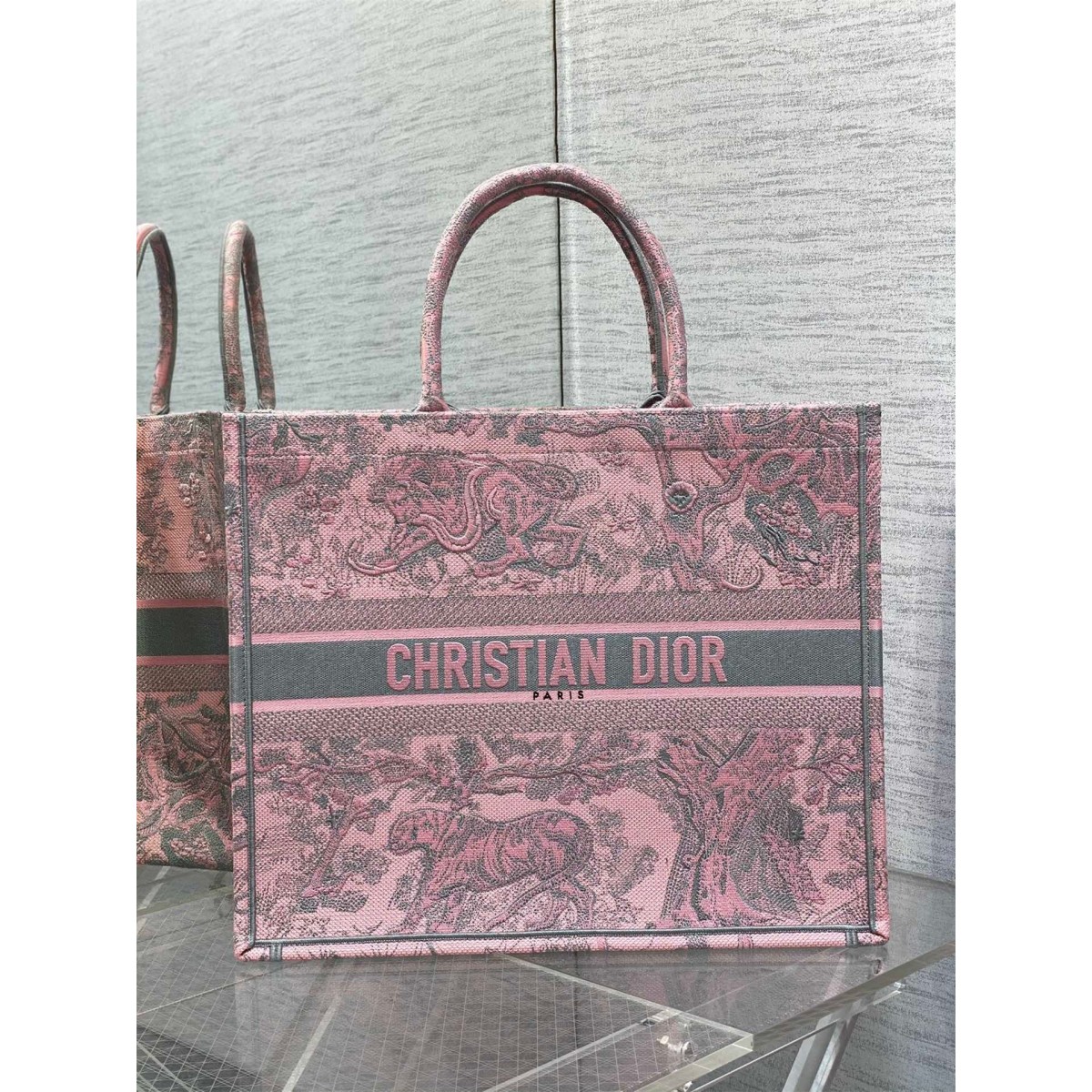 Dior Large Book Tote Bag in Pink and Gray Toile de Jouy Sauvage Embroidery High Quality Replica