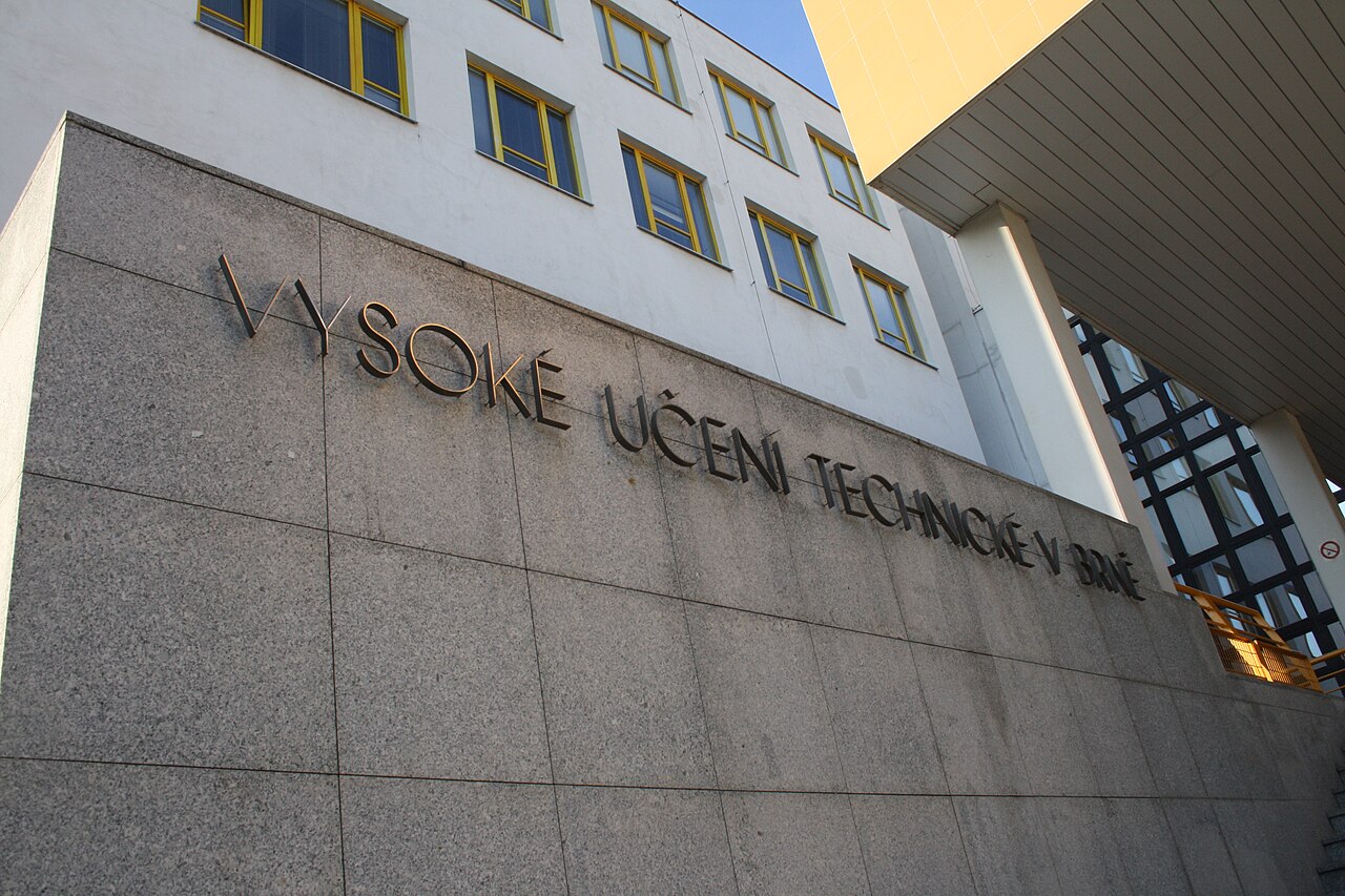 Sign of Brno University of Technology at building in Královo Pole, Brno, Brno-City District